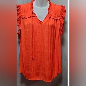 Rachel Zoe Orange Red Ruffle Sleeveless Tie V- Neck